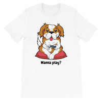 Dog with game controller "Wanna play?" | Short-Sleeve Unisex T-Shirt